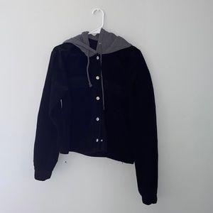 Black corduroy jacket. With buttons. Gray hood. Size medium.